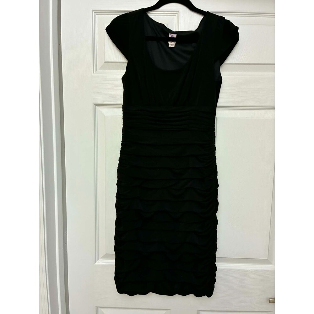 Sangria Black Ruched Midi Dress Small Cap Sleeve Cocktail Sheath